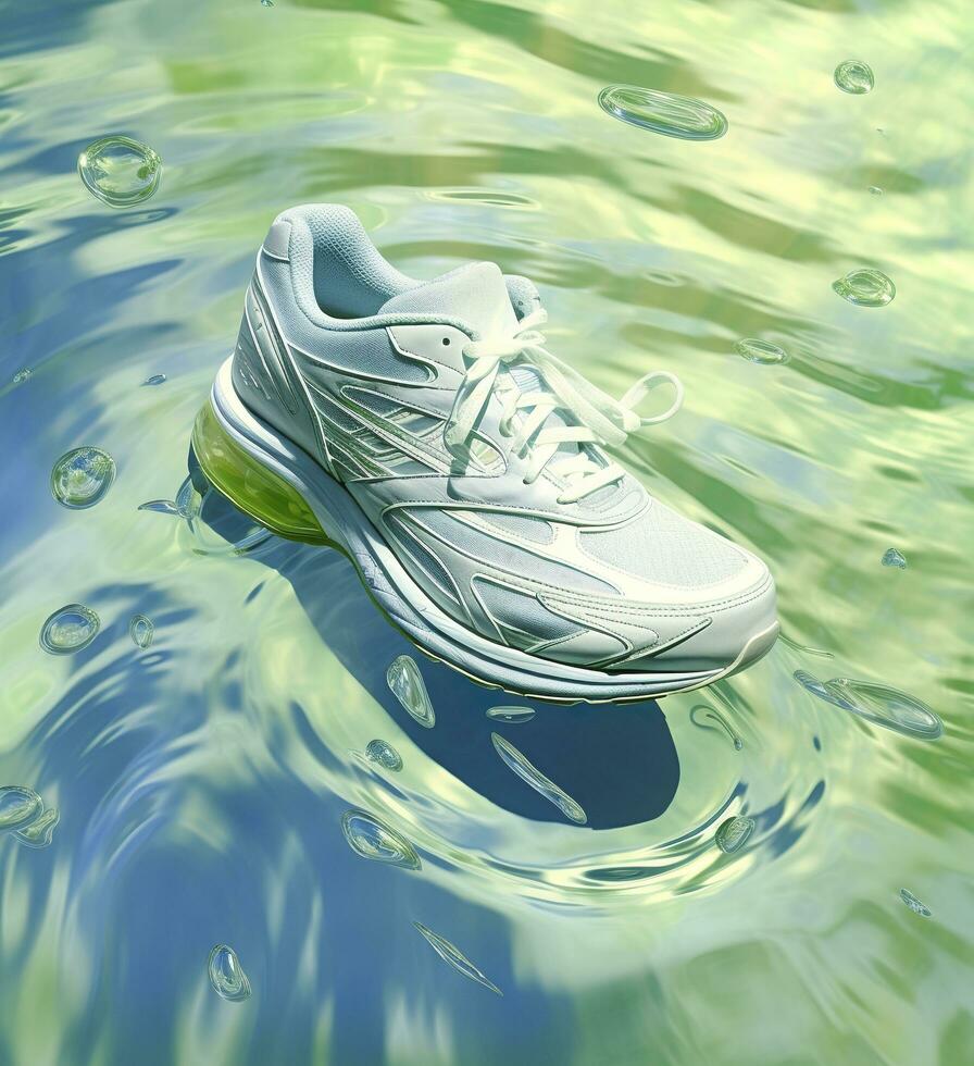 Frais mouche fonctionnement des chaussures dans l'eau et vent dans le style de Naturel motifs lumière blanc et lumière indigo éthéré illustration lumière bleu et lumière vert délicat encore vie. ai génératif photo