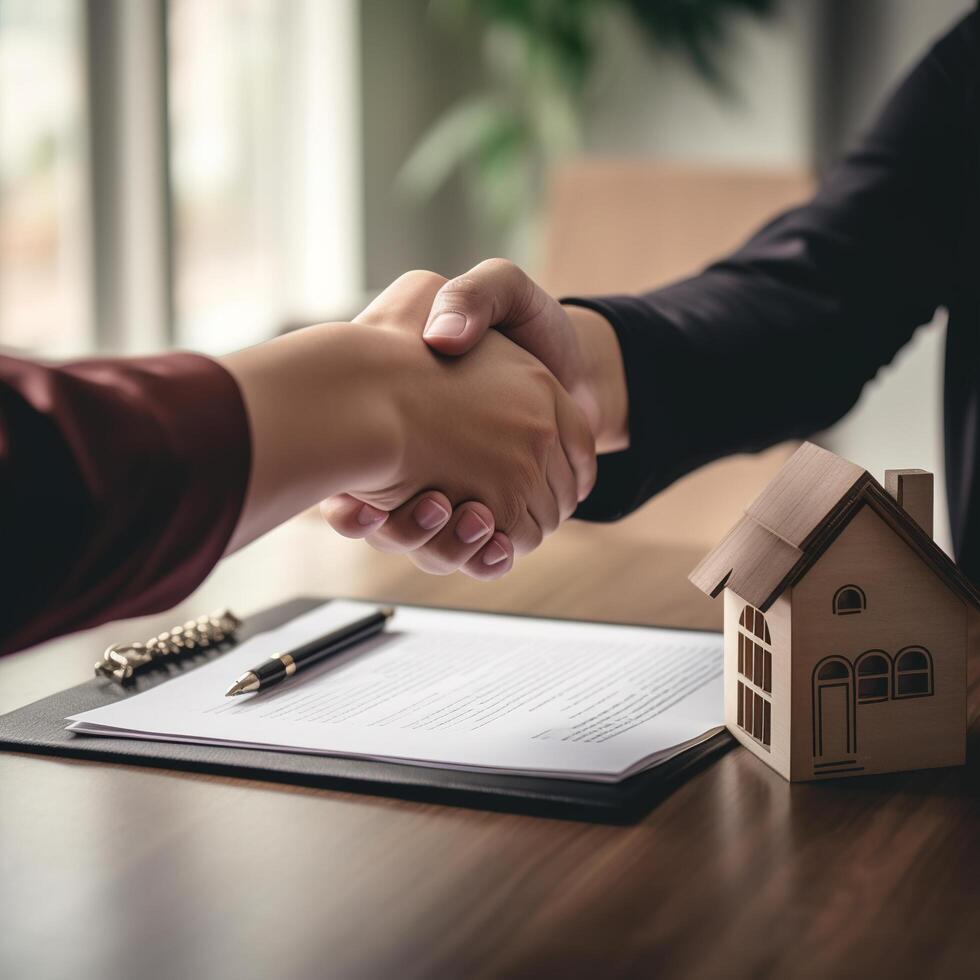 poignée de main entre réel biens agent et acheteur. ai génératif photo