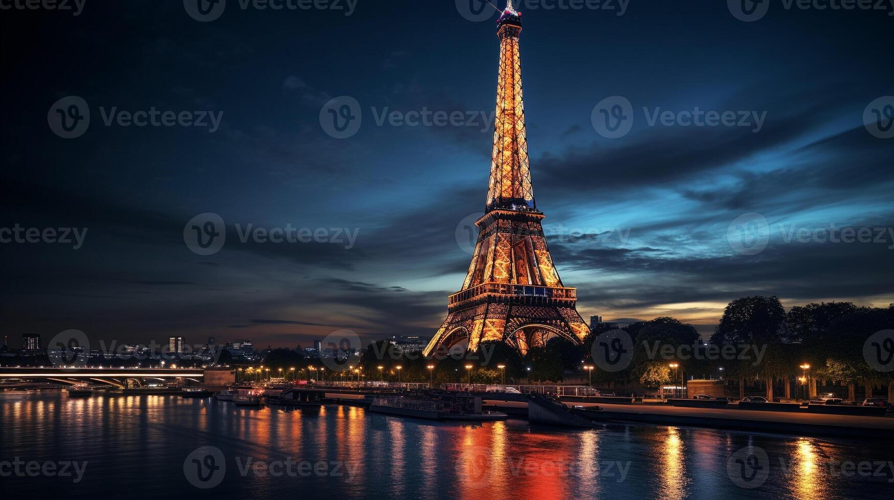 nuit vue de Eiffel la tour. génératif ai photo