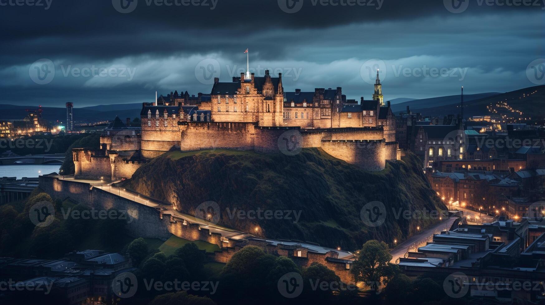 nuit vue de Edinbourg château. génératif ai photo