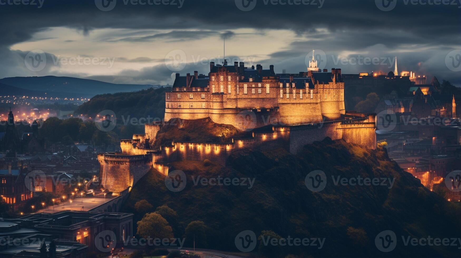 nuit vue de Edinbourg château. génératif ai photo