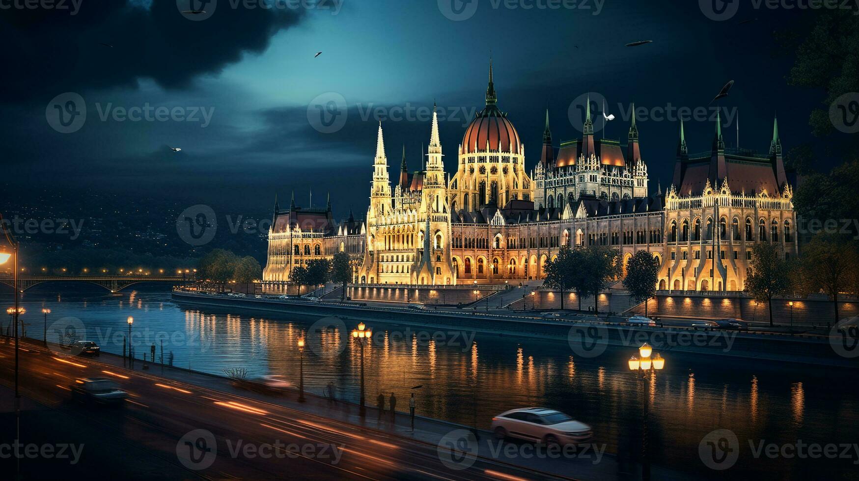 nuit vue de Budapest parlement. génératif ai photo