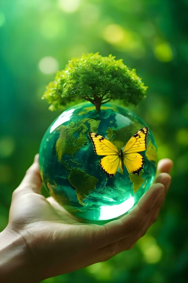 Terre cristal verre globe Balle et croissance arbre dans Humain main, en volant Jaune papillon sur vert ensoleillé Contexte ai généré. photo