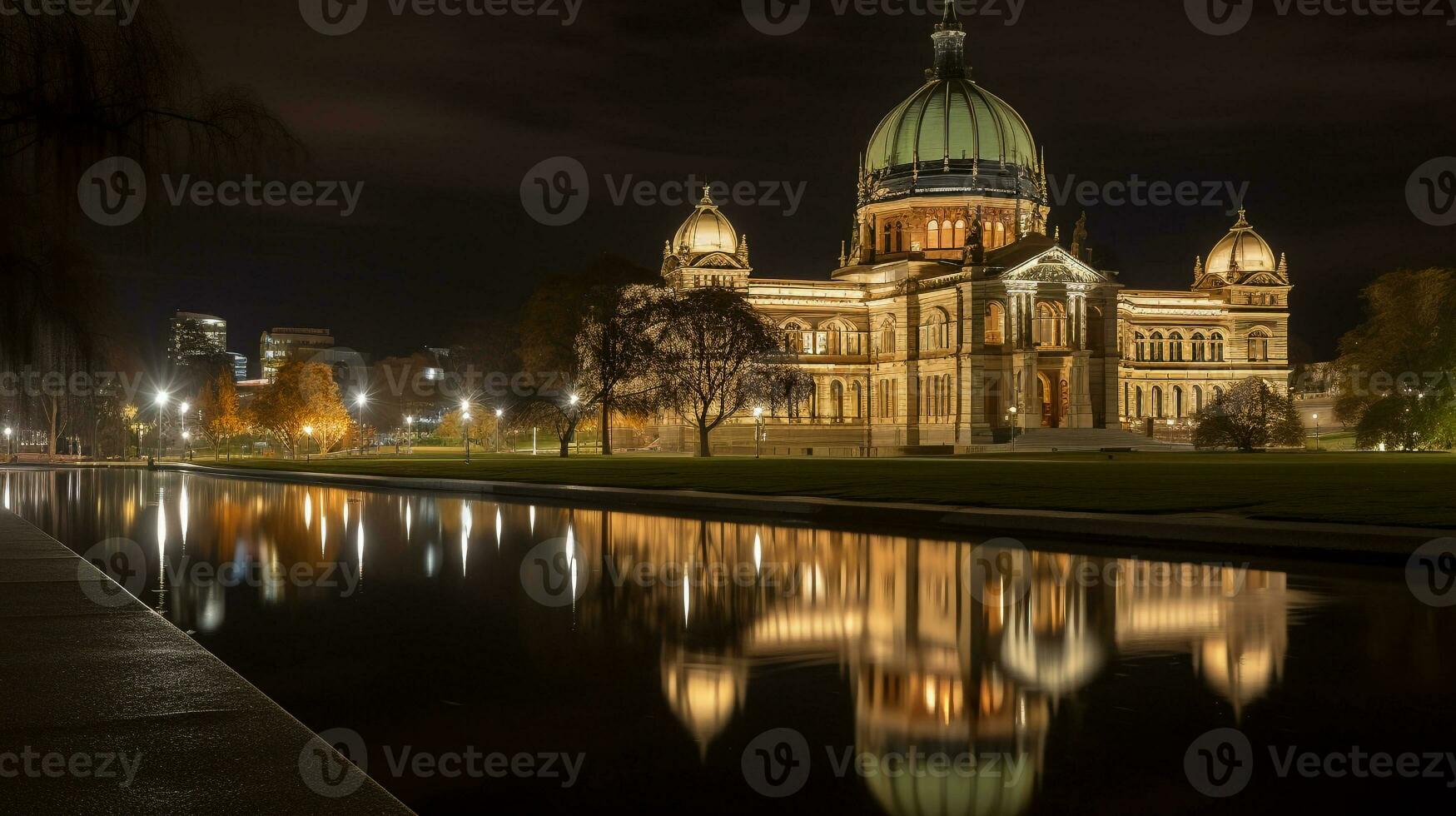 nuit vue de Royal exposition bâtiment. génératif ai photo