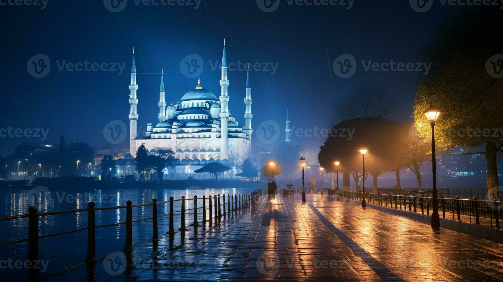 nuit vue de le bleu mosquée. génératif ai photo