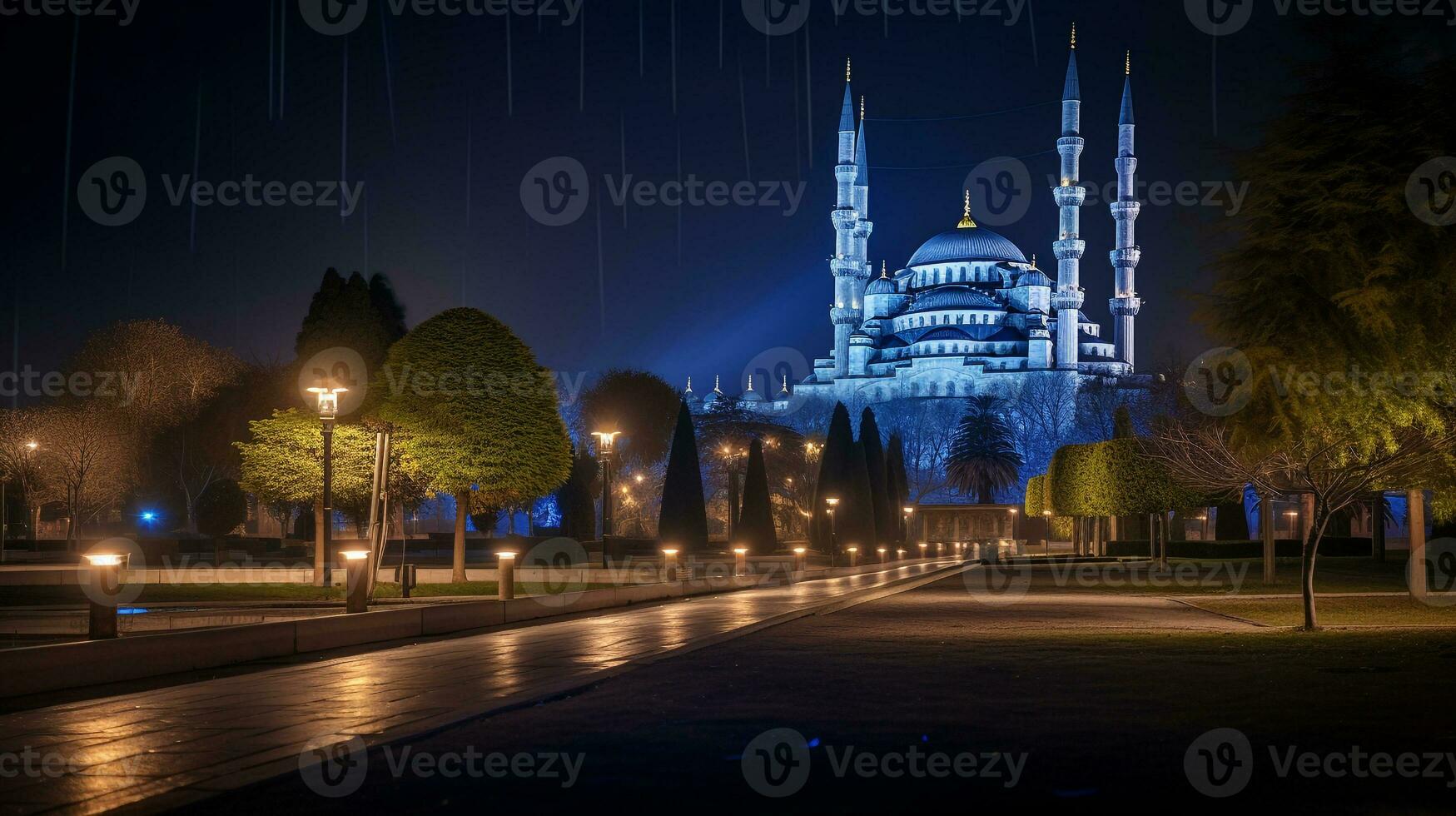 nuit vue de le bleu mosquée. génératif ai photo
