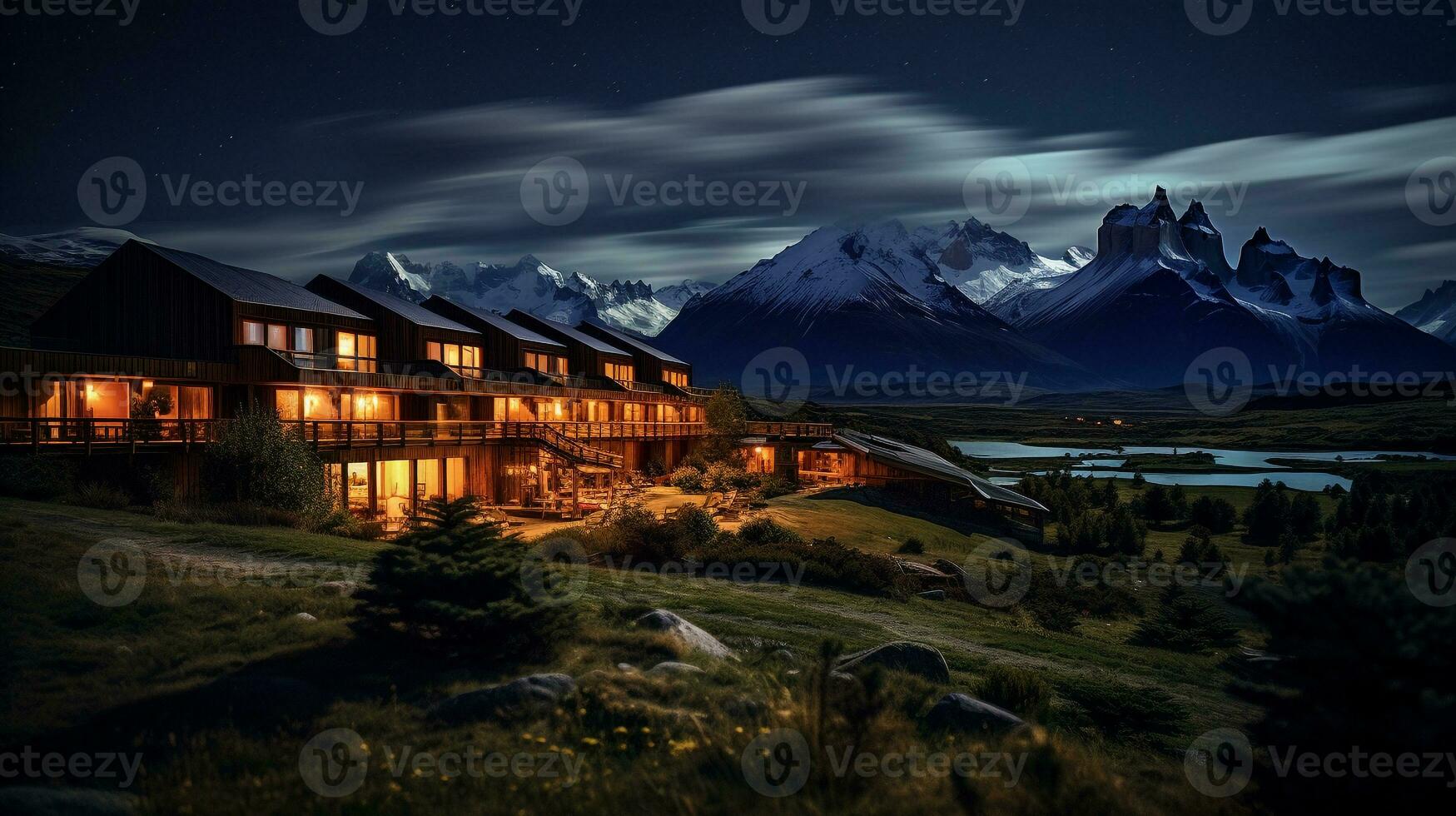 nuit vue de torres del paine Hôtel. génératif ai photo