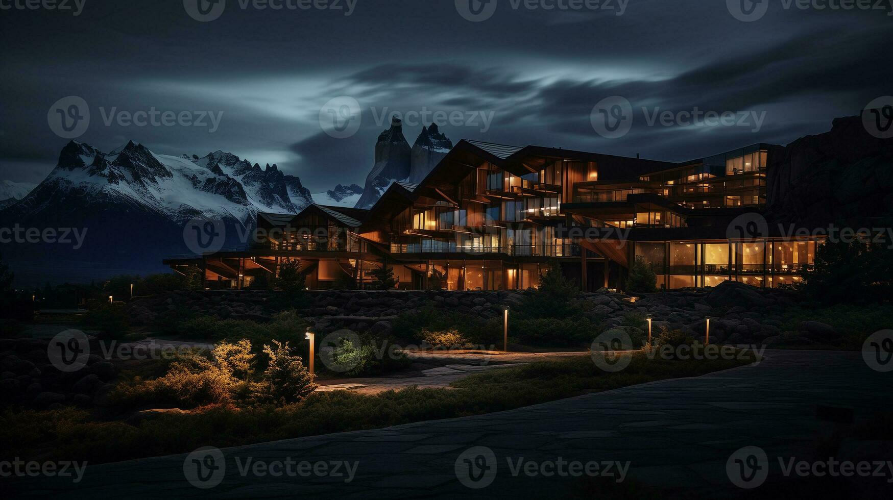 nuit vue de torres del paine Hôtel. génératif ai photo