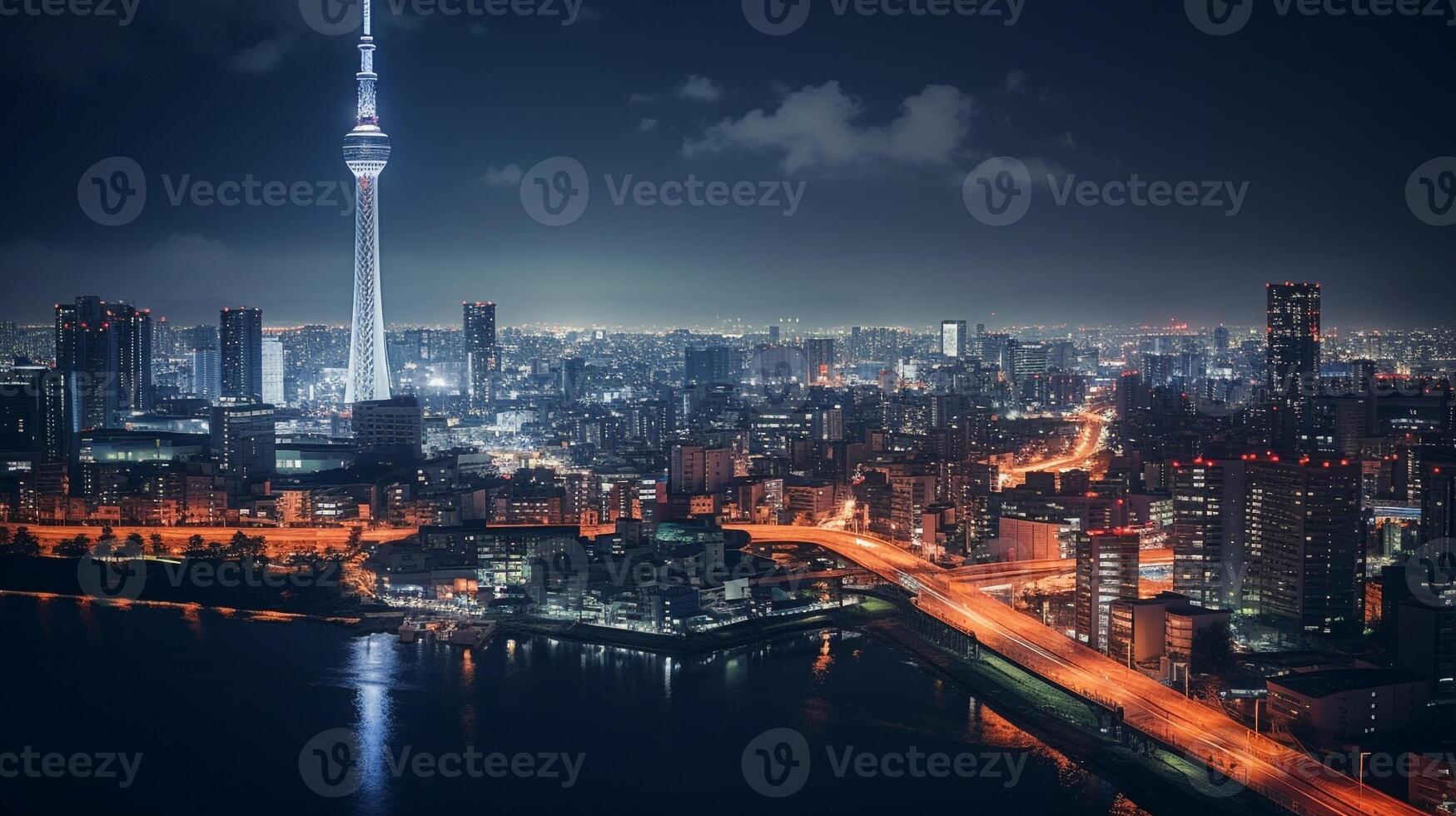 nuit vue de tokyo arbre céleste. génératif ai photo