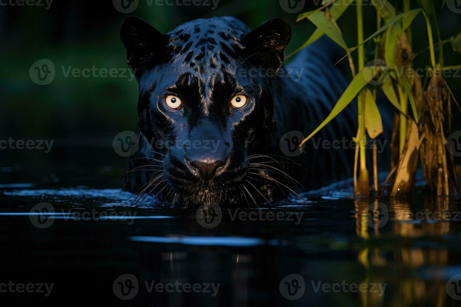 mystérieux noir jaguar dans le jungle traversée le rivière. génératif ai photo
