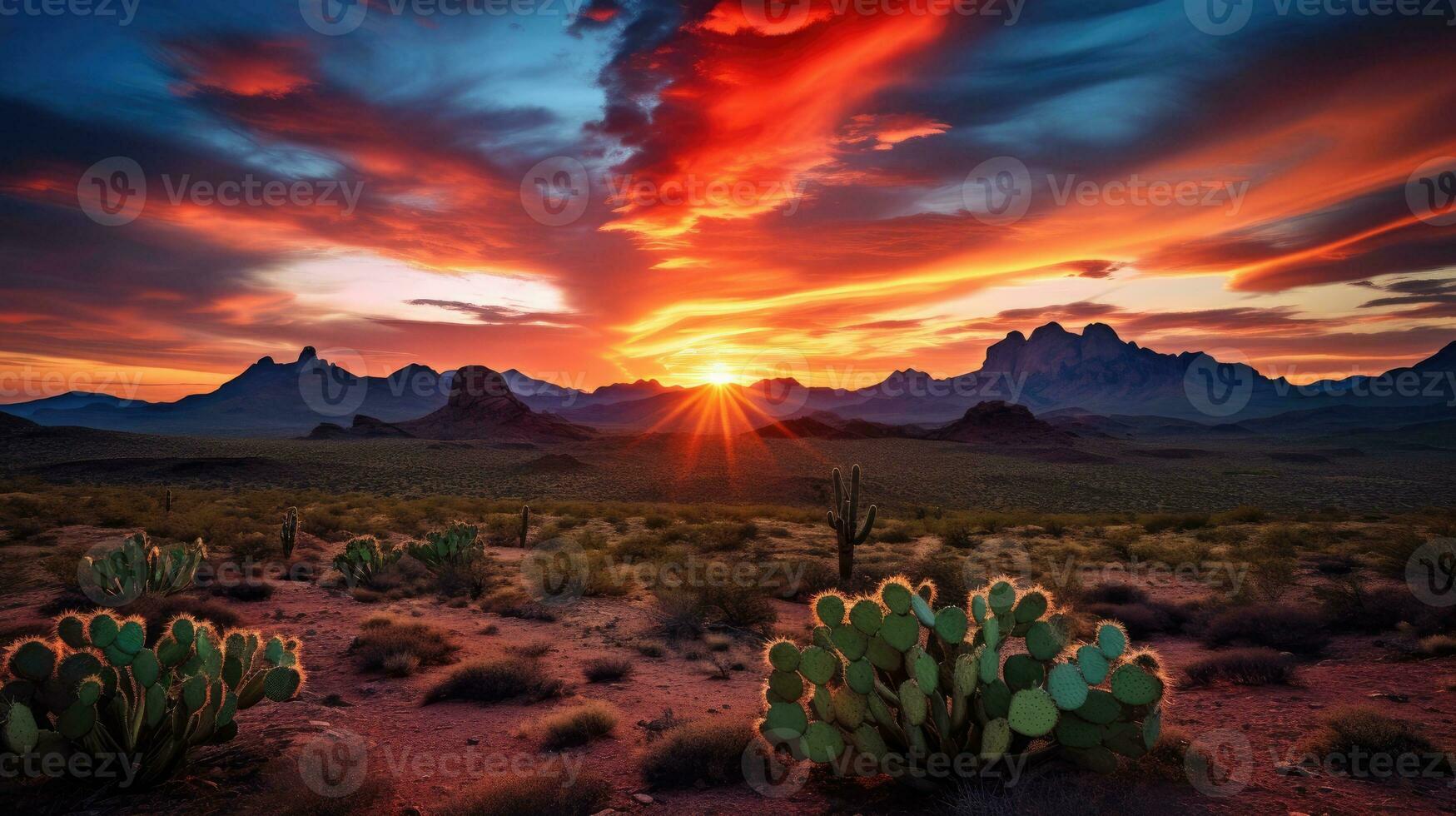 sauvage Ouest Texas désert paysage avec le coucher du soleil avec montagnes et cactus. génératif ai photo