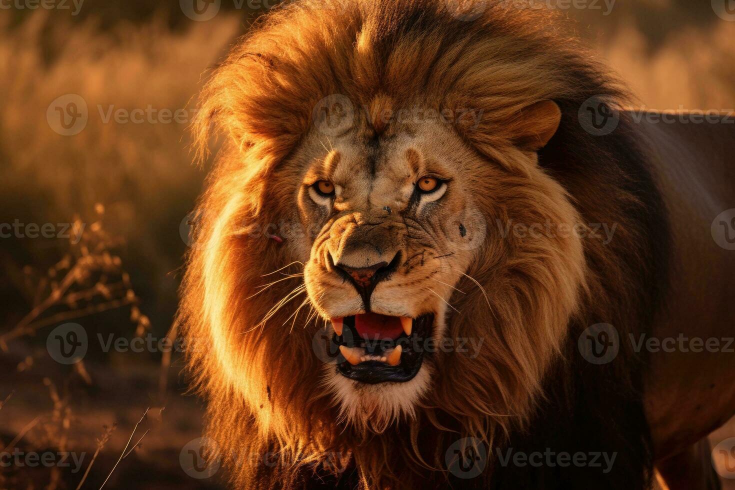 Lion sur le chasser dans le africain paysage. ai génératif photo