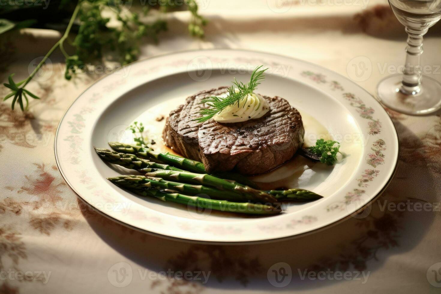 du boeuf steak avec une classique garnir de asperges et champignons sur un antique porcelaine plaque. génératif ai photo