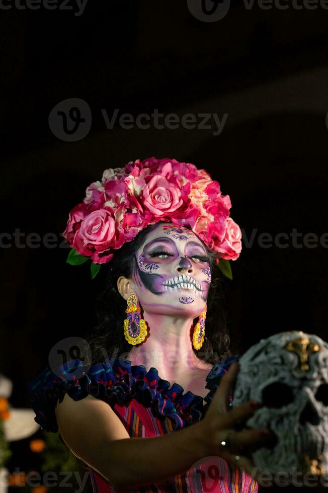 calavera catrina séance sur une trône. sucre crâne se maquiller. dia de los morts. journée de le mort. Halloween. photo