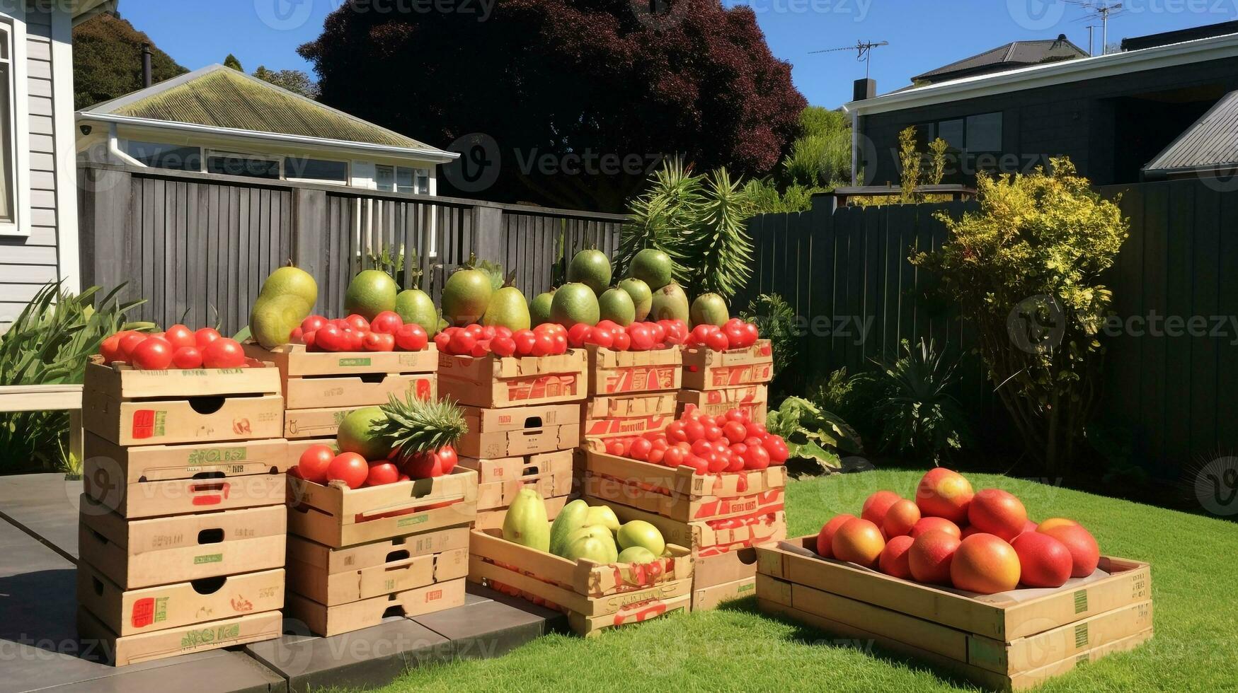 fraîchement choisi mata fruit de jardin mis dans le des boites. génératif ai photo