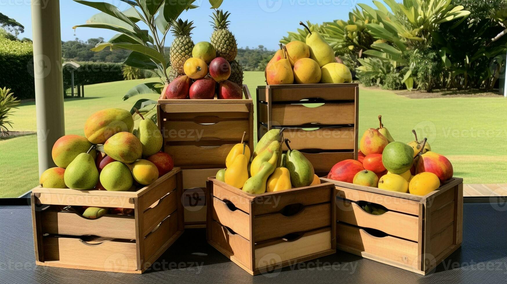 fraîchement choisi mata fruit de jardin mis dans le des boites. génératif ai photo