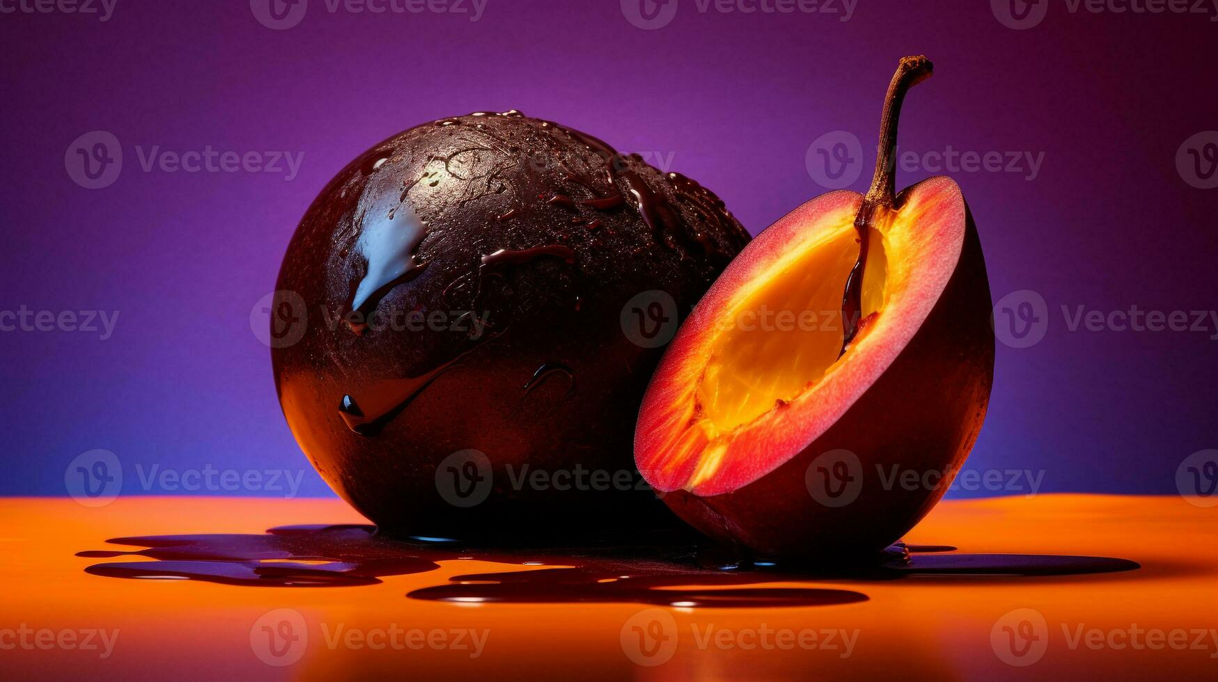 photo de noir sapote fruit moitié contre une coloré abstrait Contexte. génératif ai