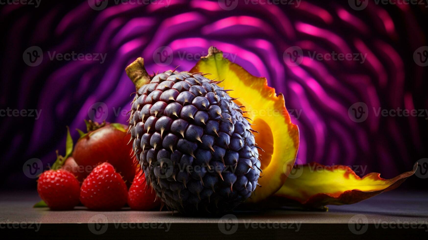 photo de serpent fruit moitié contre une coloré abstrait Contexte. génératif ai