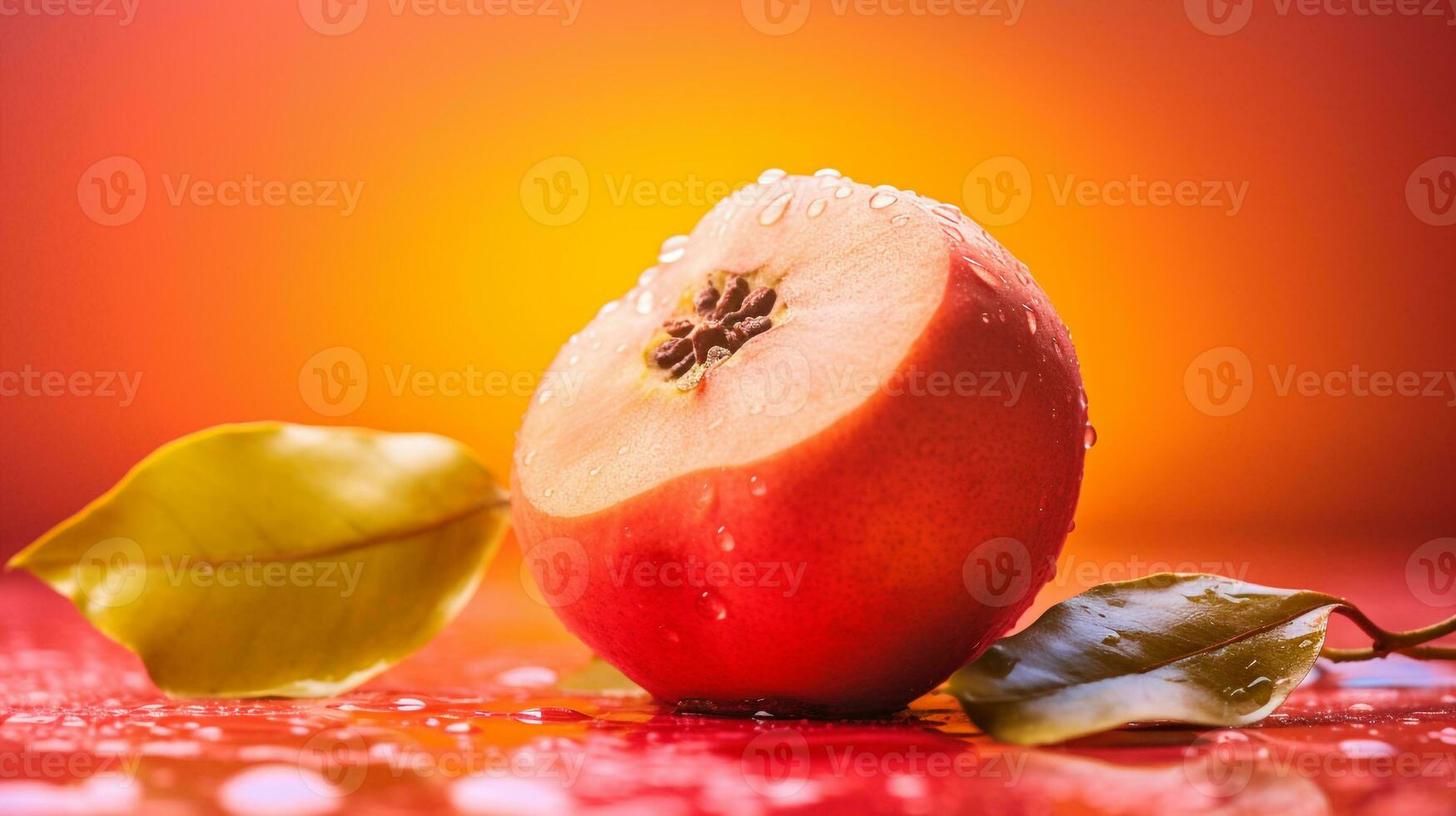 photo de coing fruit moitié contre une coloré abstrait Contexte. génératif ai