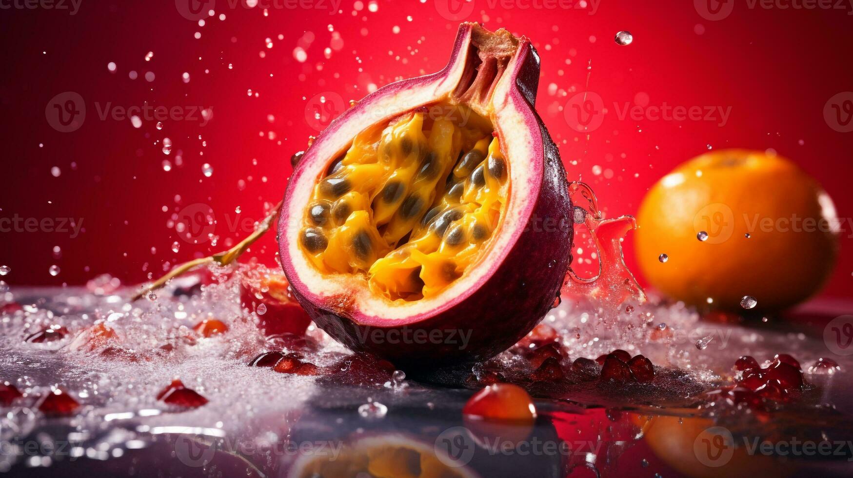 photo de passion fruit moitié contre une coloré abstrait Contexte. génératif ai