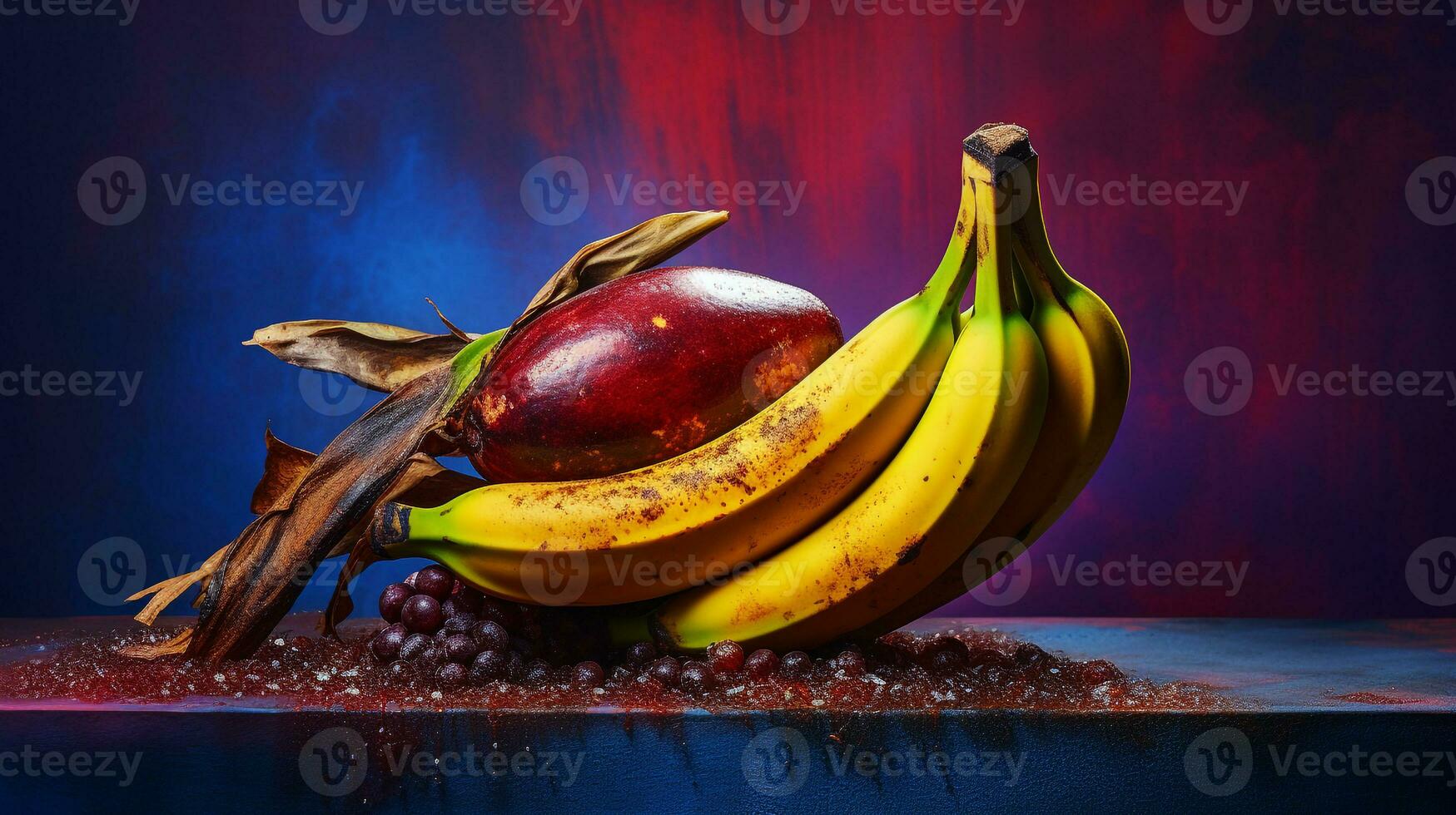 photo de banane plantain fruit moitié contre une coloré abstrait Contexte. génératif ai