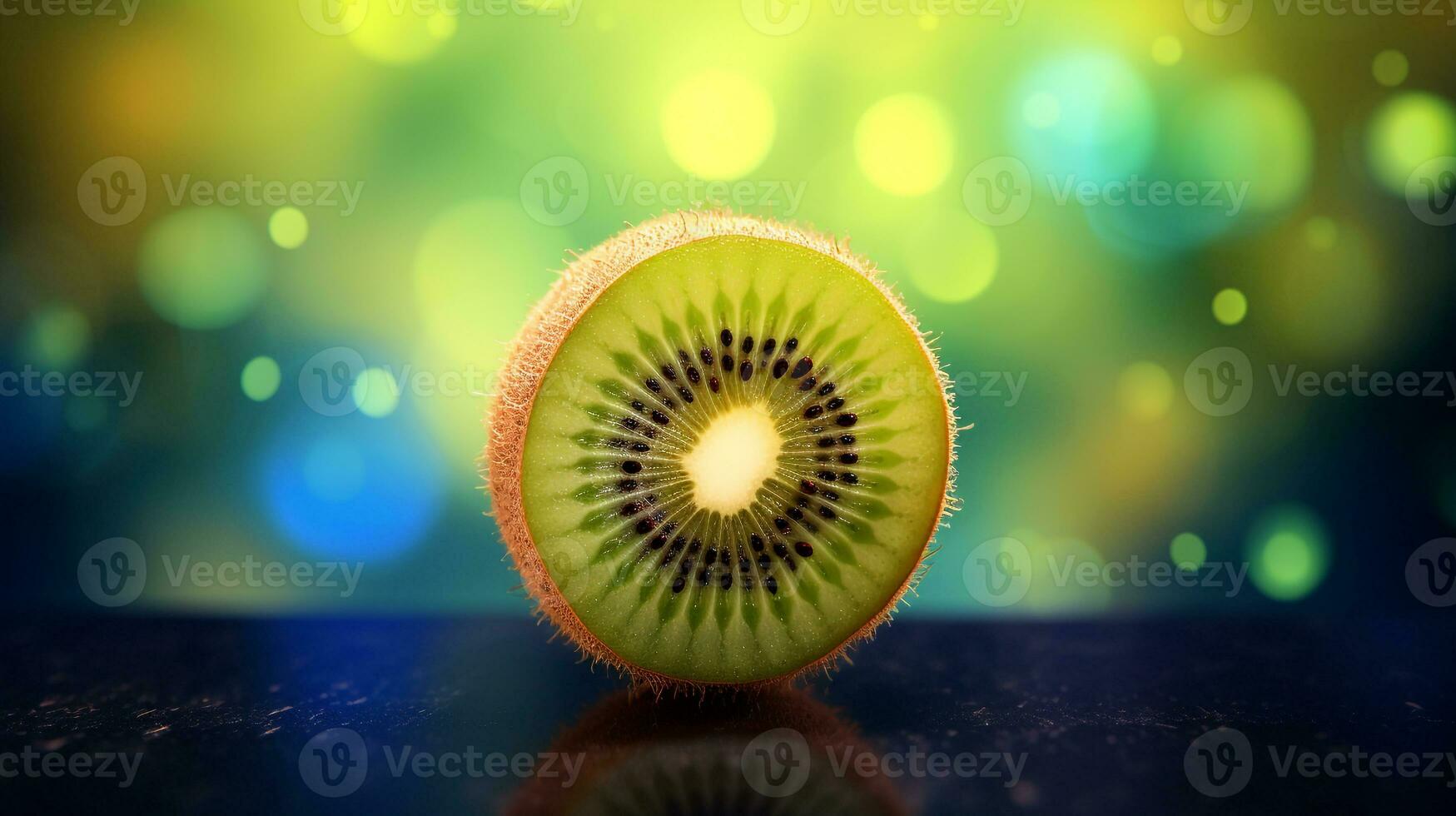 photo de kiwi moitié contre une coloré abstrait Contexte. génératif ai