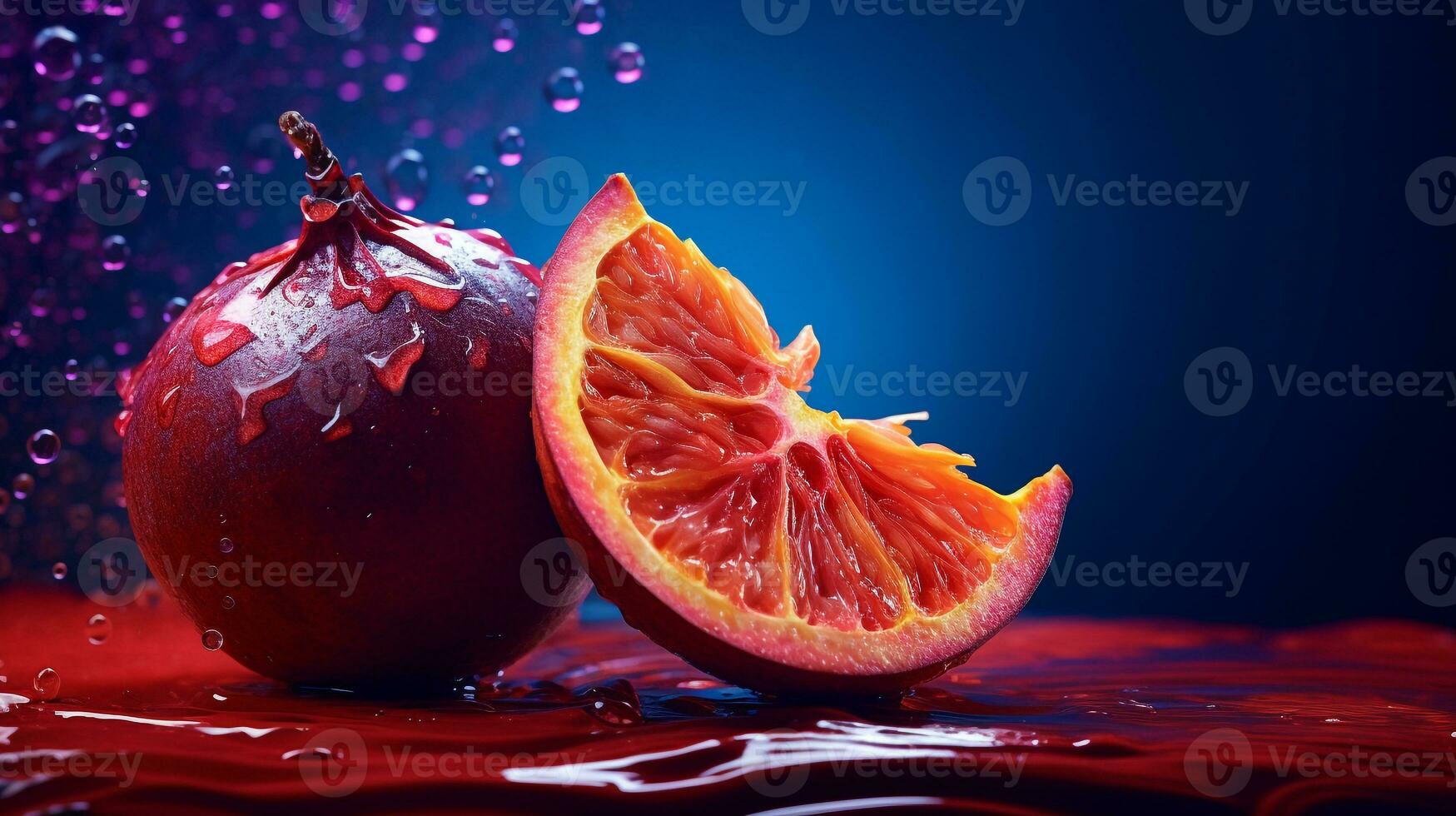 photo de jambol fruit moitié contre une coloré abstrait Contexte. génératif ai