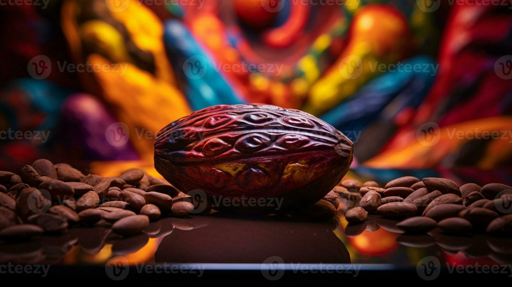 photo de cacao fruit moitié contre une coloré abstrait Contexte. génératif ai