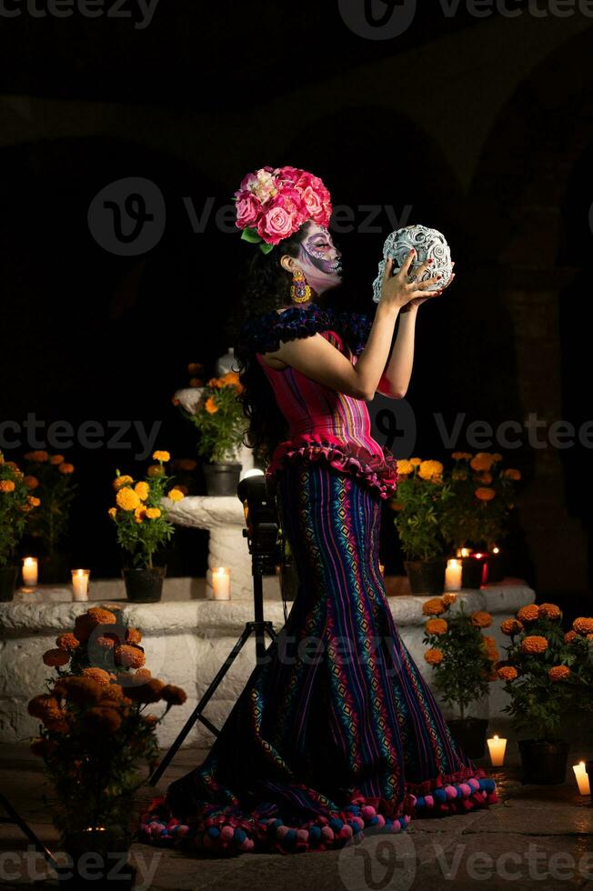 calavera catrina séance sur une trône. sucre crâne se maquiller. dia de los morts. journée de le mort. Halloween. photo