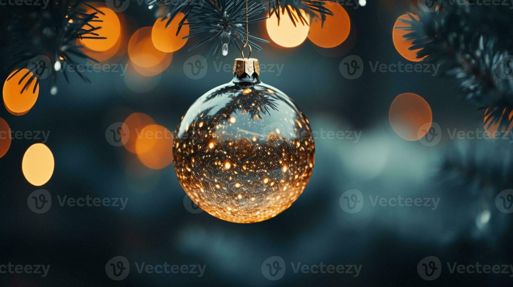 proche en haut de éclairé Noël arbre ornement, hiver vacances décoration, copie espace, salutation carte, ai génératif photo
