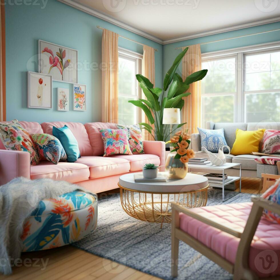 meublé moderne vivant chambre, brillant bleu et rose Couleur palette, intérieur conception, ai génératif photo