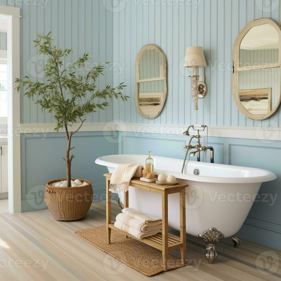 salle de bains dans bleu et blanc couleur, inspiré plage conception, ai génératif photo