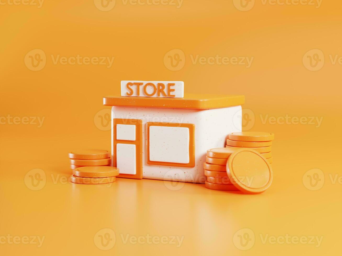 3d le rendu de boutique bâtiment avec le pièces de monnaie isolé sur Orange Contexte. 3d affaires illustration. photo