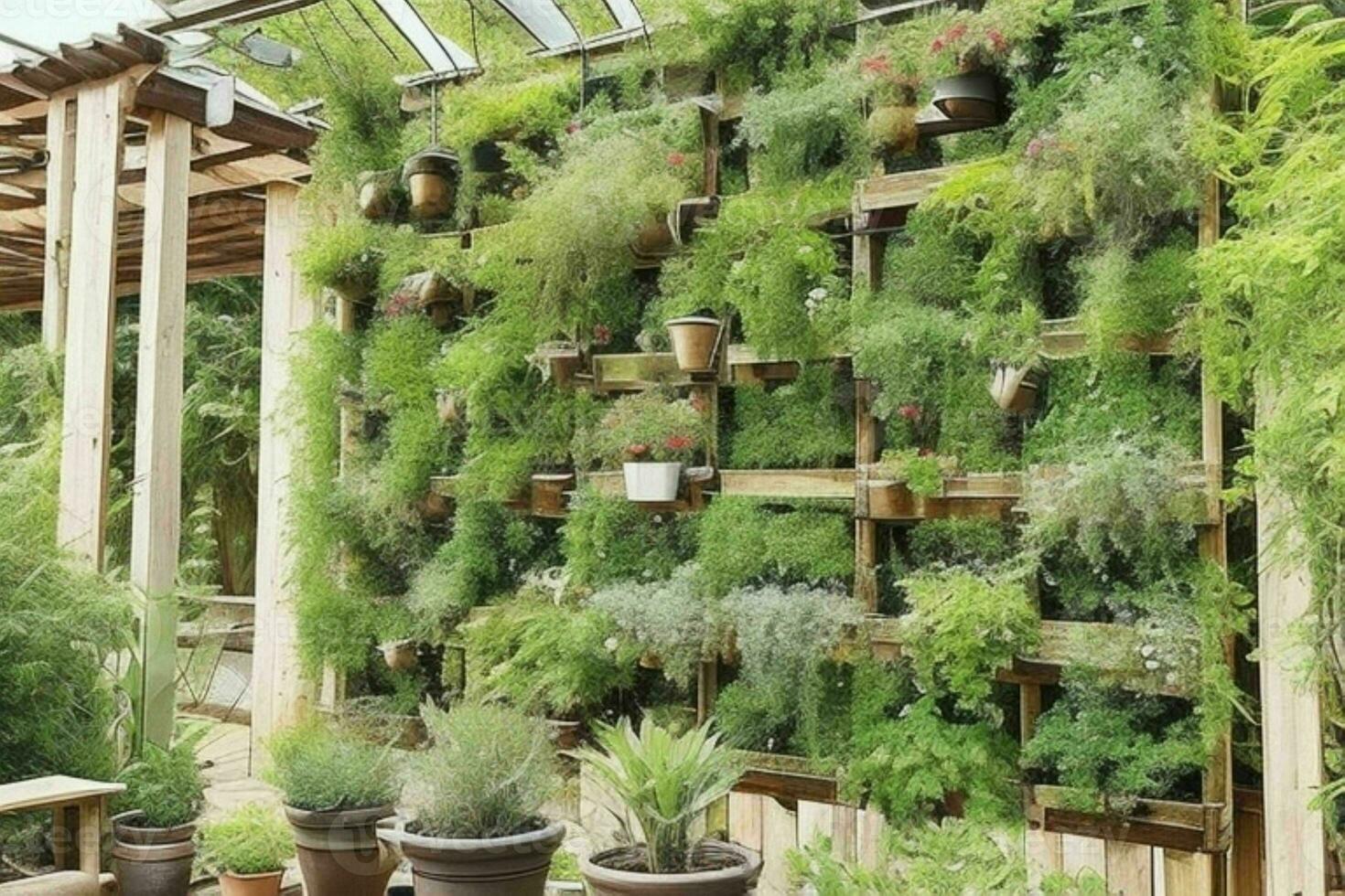palettes avec pendaison les plantes verticale jardin. Contexte. ai génératif pro photo