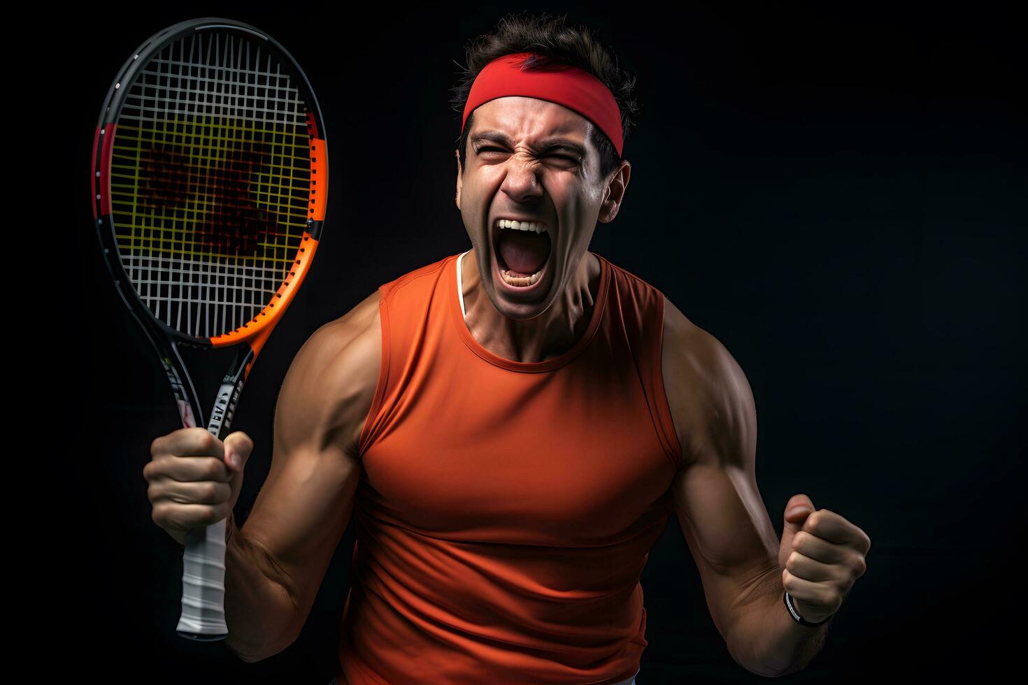 tennis joueur en criant plus de noir Contexte. sport et compétition concept ai généré photo