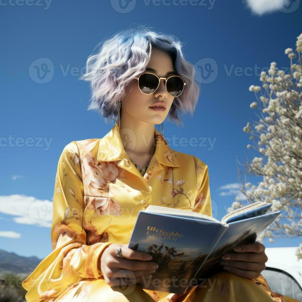 portrait de une Jeune magnifique femme, séance Extérieur, en train de lire livre et profiter sa vacances à ensoleillé jour, établi avec génératif ai photo