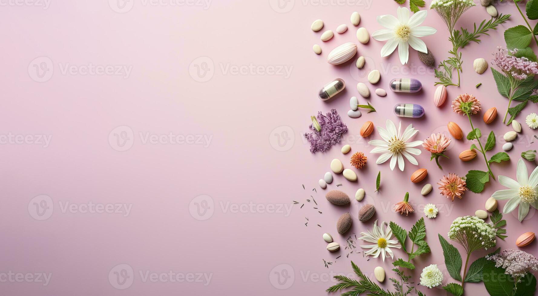 à base de plantes pilules sur rose Contexte bannière ai établi photo