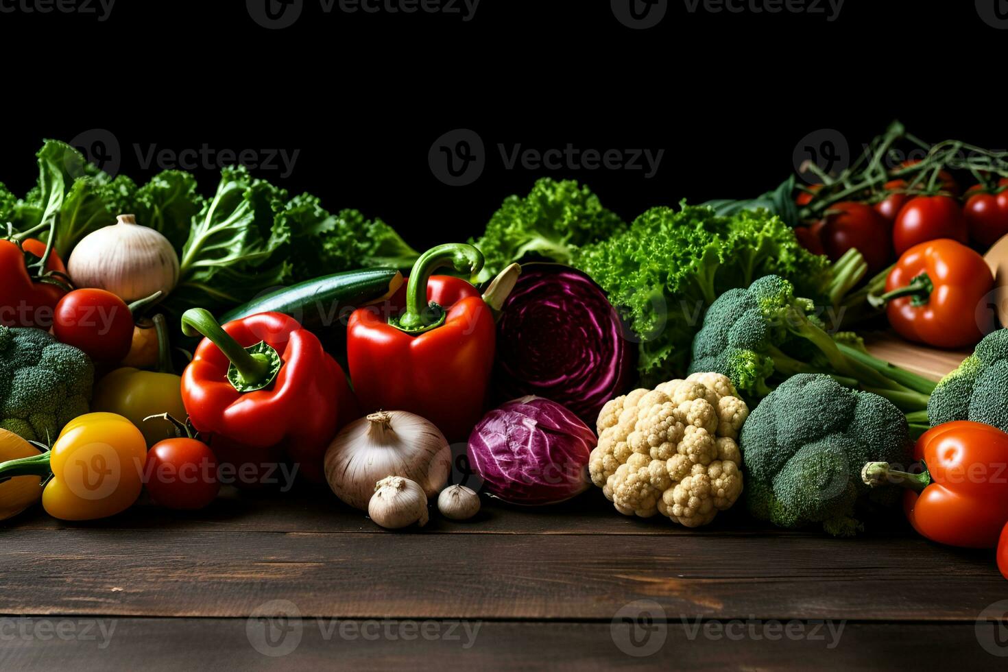 Frais des légumes sur foncé en bois tableau. santé aliments. vue de au-dessus de. espace pour copie. génératif ai photo