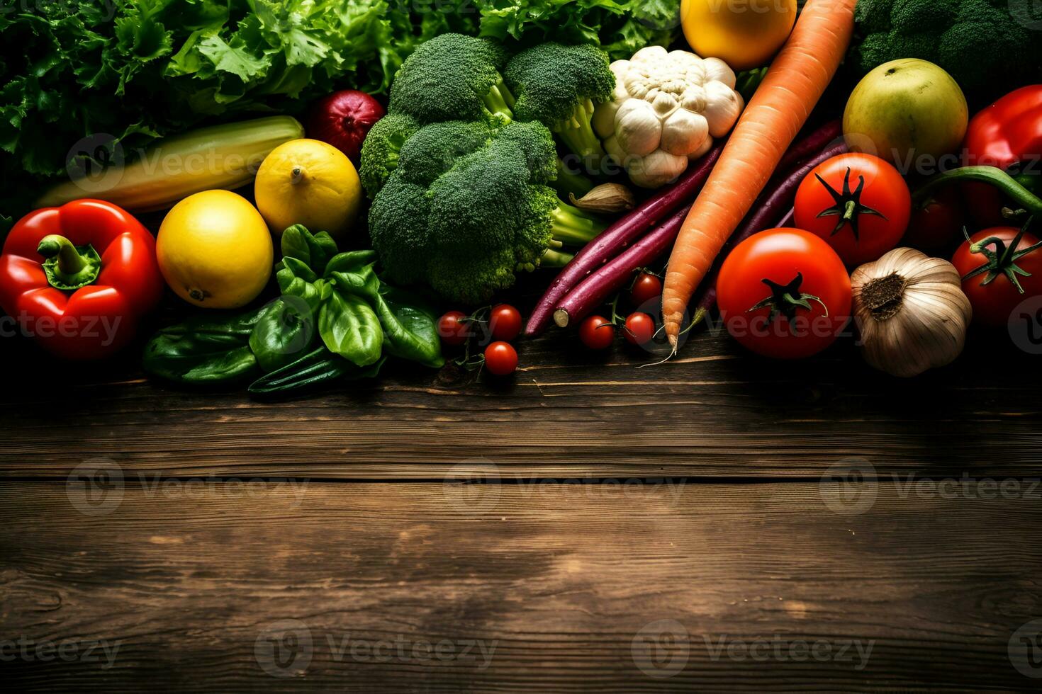 Frais des légumes sur foncé en bois tableau. santé aliments. vue de au-dessus de. espace pour copie. génératif ai photo