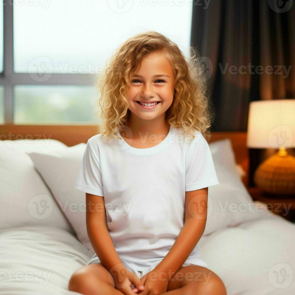 maquette de une blanc T-shirt dans une enfant chambre. doux beige intérieur  pour une bébé.ai génération 33039234 Photo de stock chez Vecteezy