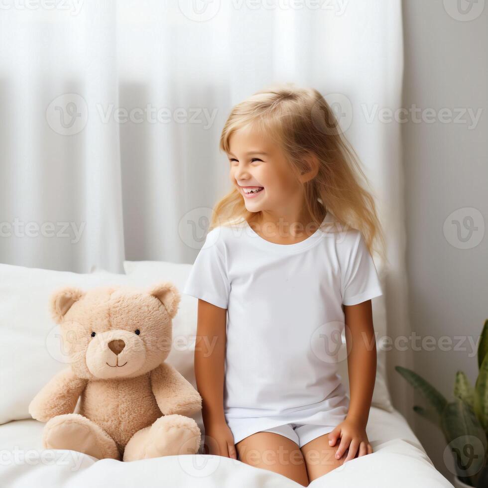 maquette de une blanc T-shirt dans une enfant chambre. doux beige intérieur pour une bébé.ai génération photo