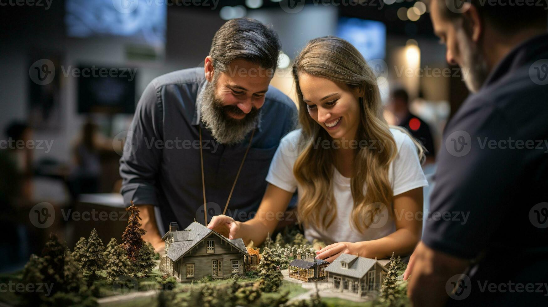 réel biens agent discuter avec une Jeune adulte couple une Nouveau logement développement modèle sur le table dans de face de eux. génératif ai. photo