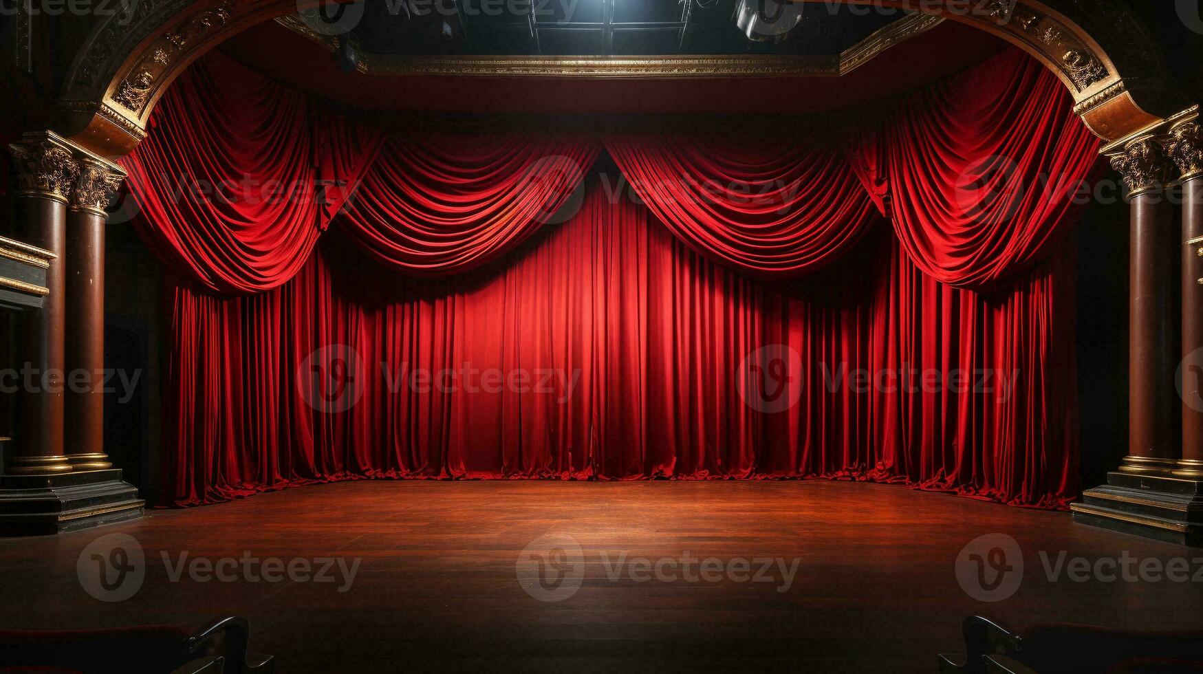 dramatiquement allumé lustré rouge velours théâtre rideaux et en bois étape sol. génératif ai. photo