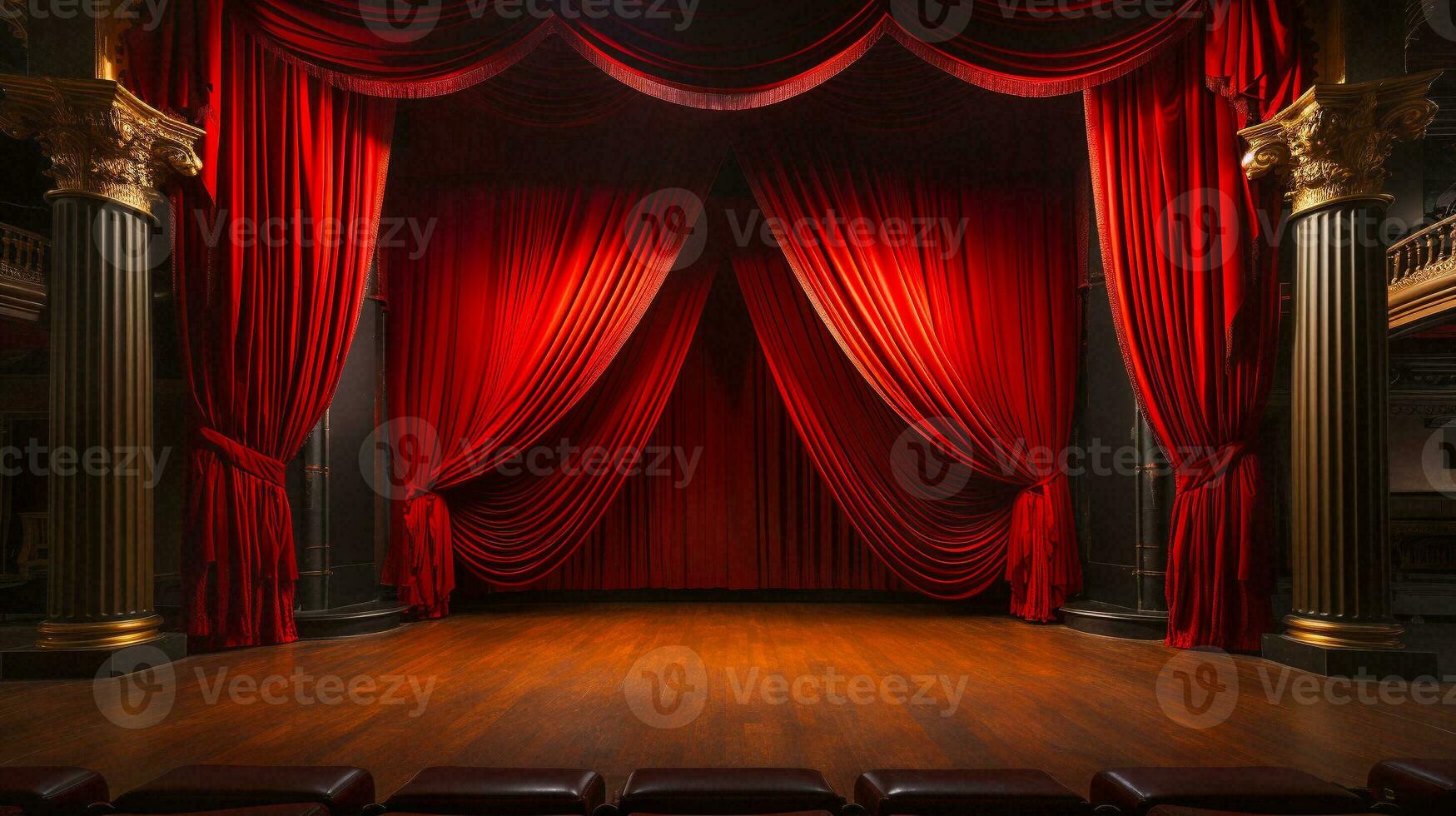 dramatiquement allumé lustré rouge velours théâtre rideaux et en bois étape sol. génératif ai. photo
