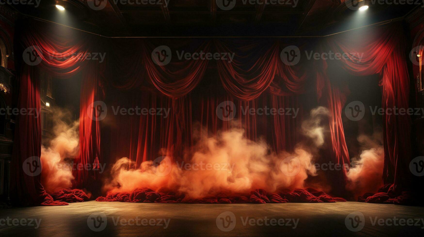 théâtre étape avec rouge velours rideaux sur Feu. génératif ai. photo