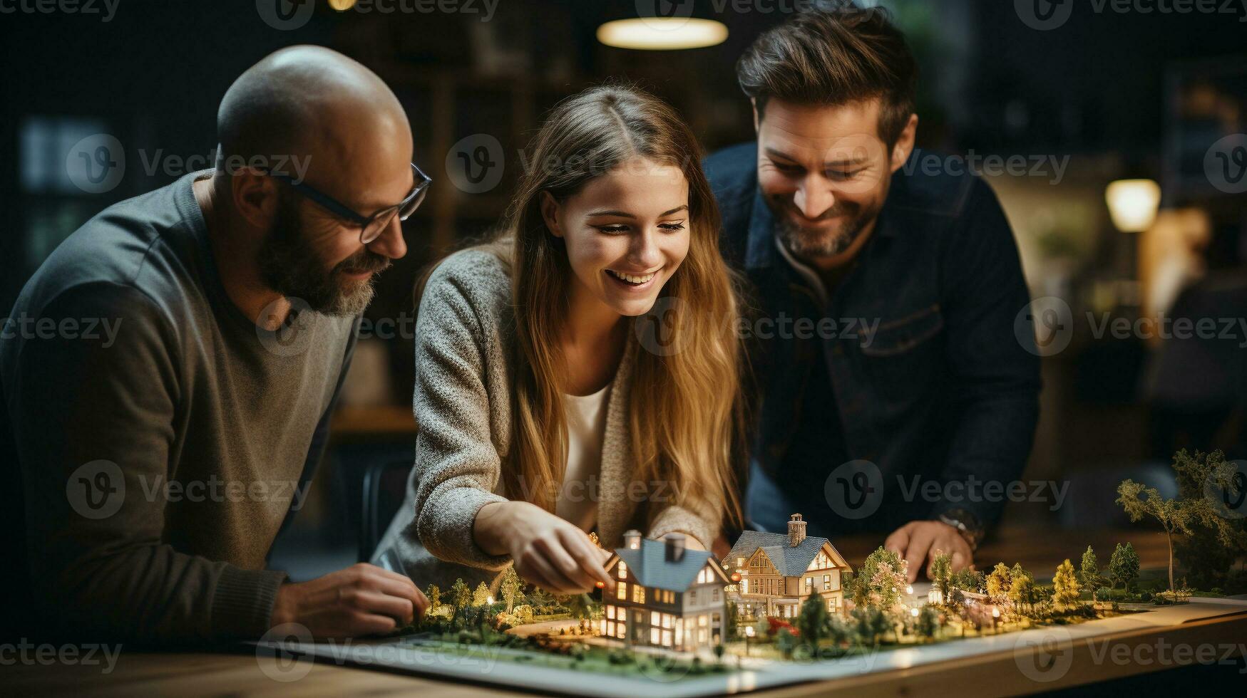 réel biens agent discuter avec une Jeune adulte couple une Nouveau logement développement modèle sur le table dans de face de eux. génératif ai. photo