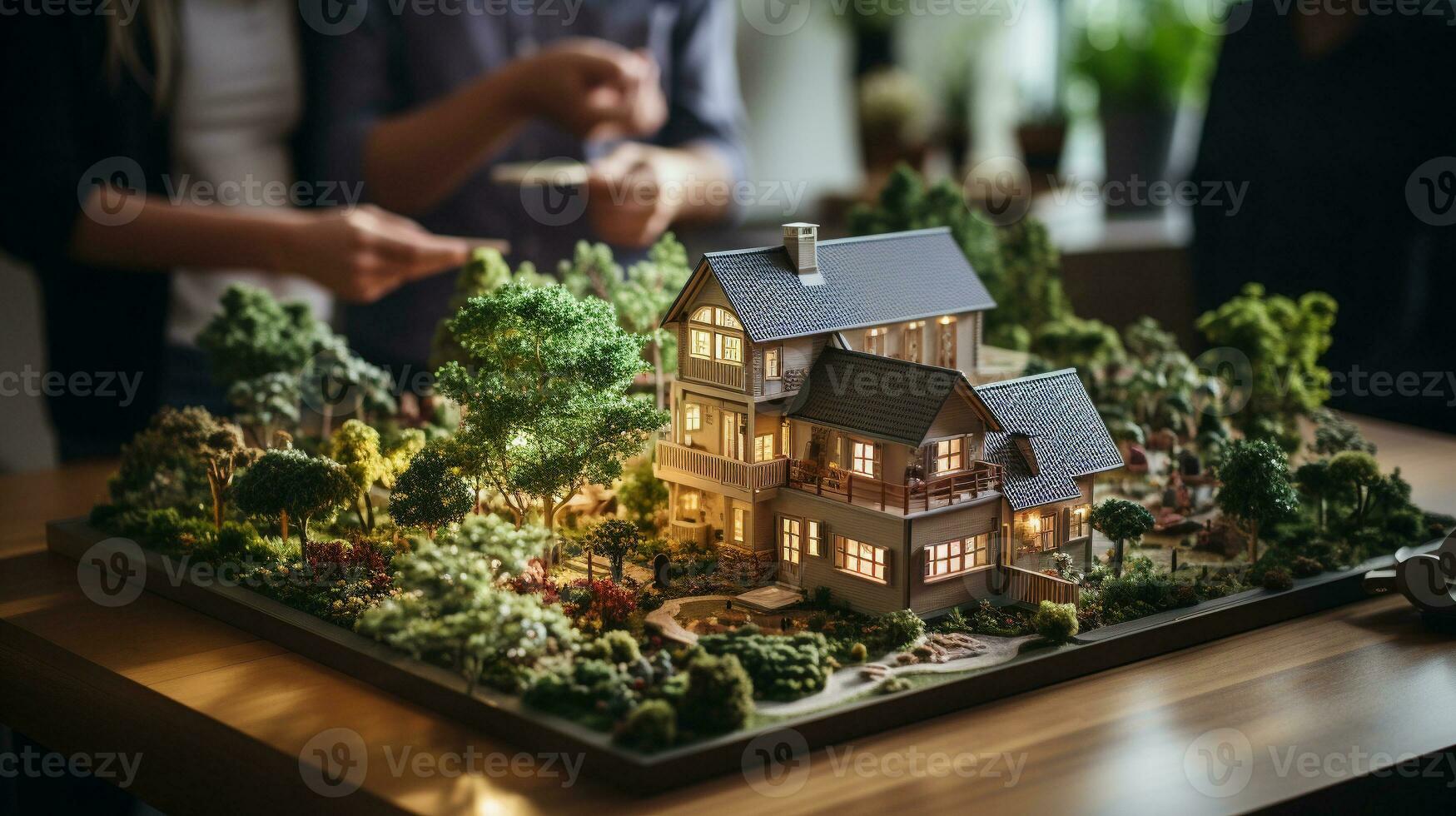 petit échelle modèle de une contemporain maison conception sur le table dans une réel biens bureau. génératif ai. photo