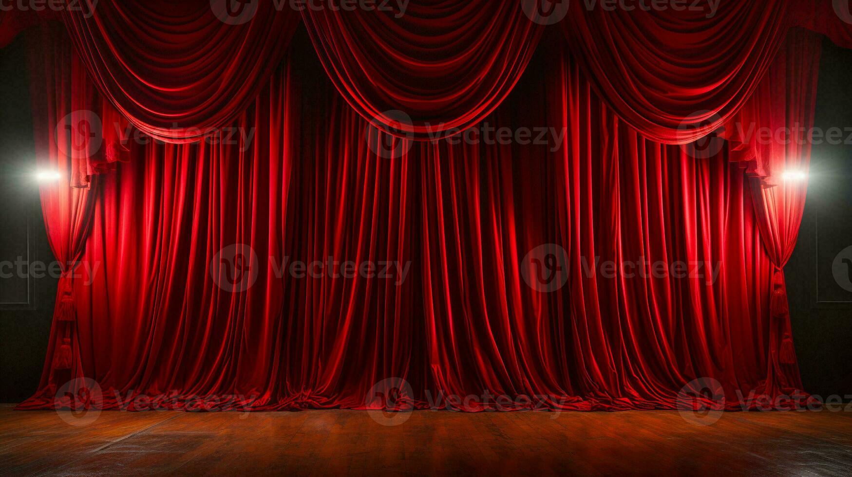 dramatiquement allumé lustré rouge velours théâtre rideaux et en bois étape sol. génératif ai. photo