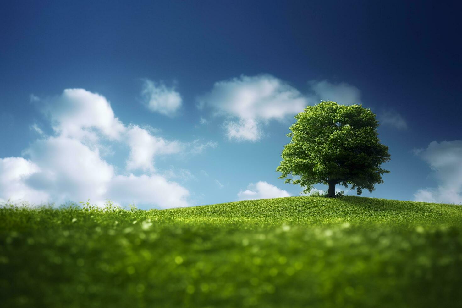 vert champ et arbre sur bleu ciel. ai génératif photo