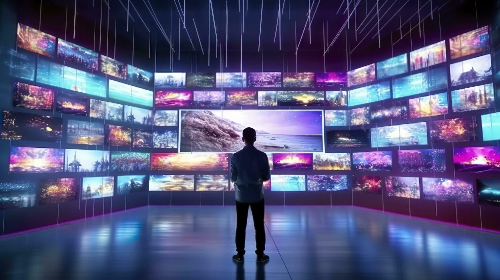 une la personne en train de regarder une vidéo mur avec multimédia images sur différent télévision écrans. génératif ai photo